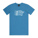 A breathable LUXBMX Y2K Tee - Royal Blue summer t-shirt with a white logo on it.