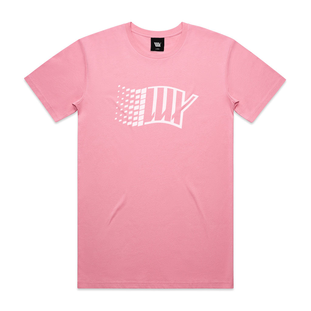 A LUXBMX Y2K Tee - Pink made of fabric with a white flag on it.