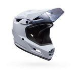The Bell Sanction 2 White is a matte full-face, entry-level helmet with a visor, side vents, and padded interior—ideal for kids’ biking and motocross. Displayed on a white background.