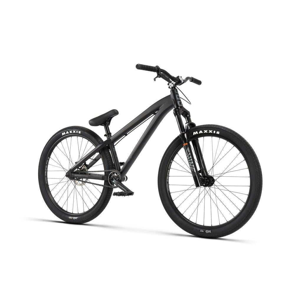 A Radio 26 Inch Griffin Pro Bike in matte black, featuring an alloy frame, front suspension, flat handlebars, and Maxxis tires, is shown on a white background.