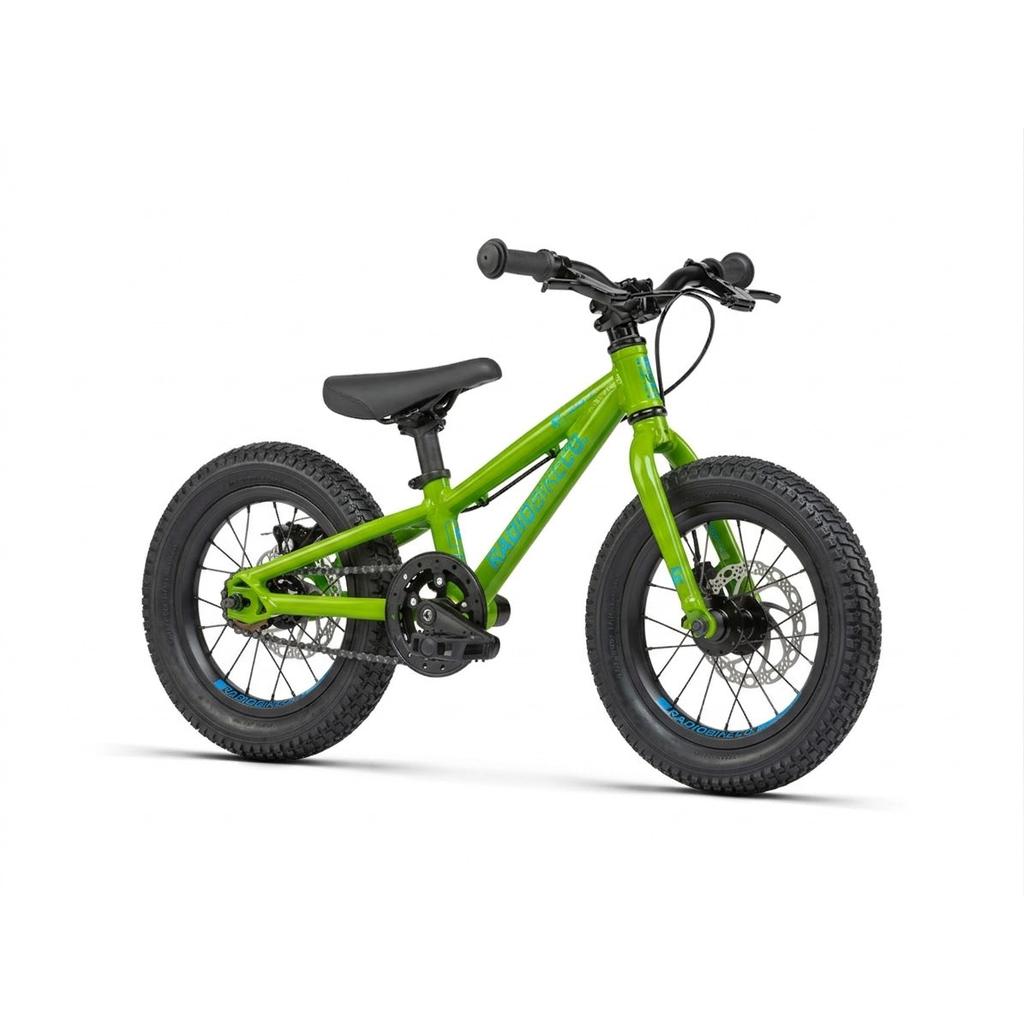 The Radio Zuma 14 Inch Bike is a small, lightweight children's bike in green with black tires, a black seat, and blue accents, shown against a white background.