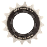 Single-speed bicycle freewheel sprocket, ACS Paws 4.1 Freewheel 3/32 model, with distinctive black and silver design, isolated on white background.