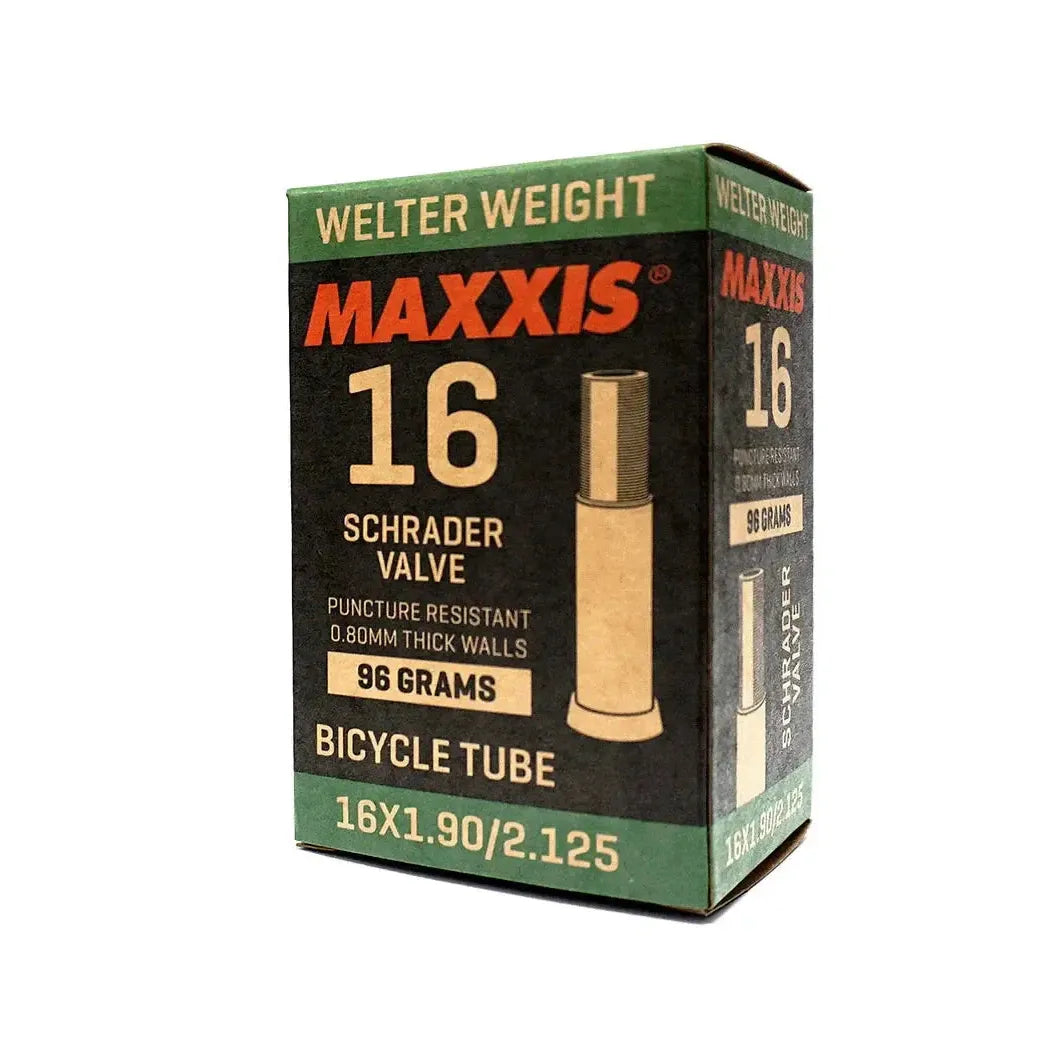 A Maxxis Welter Weight 16 Inch Tube, 48mm valve, fits 1.90/2.125" tires, weighs 96g, features puncture-resistant 0.80mm walls and a Schrader valve—ideal for lightweight cycling protection.