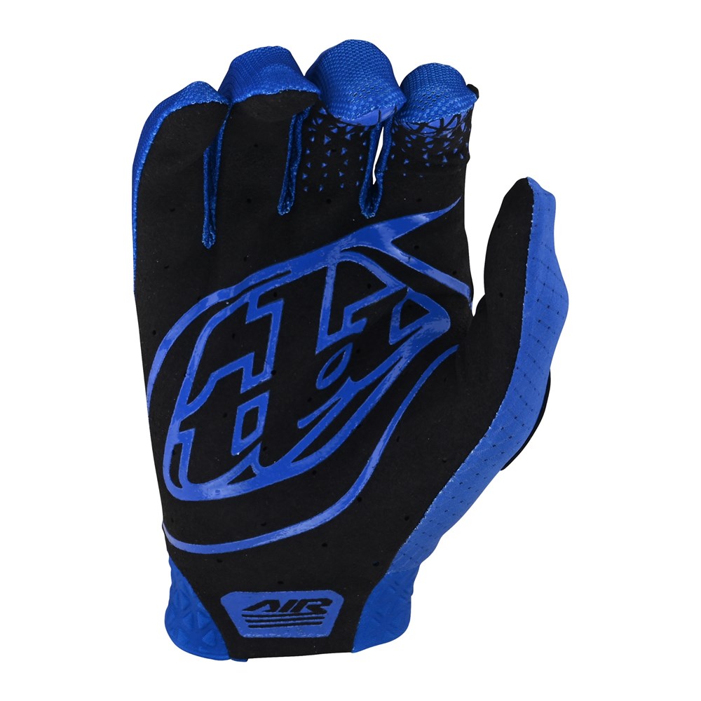 Blue and black TLD Air Glove Blue gloves with compression-molded cuff and logo on the back.
