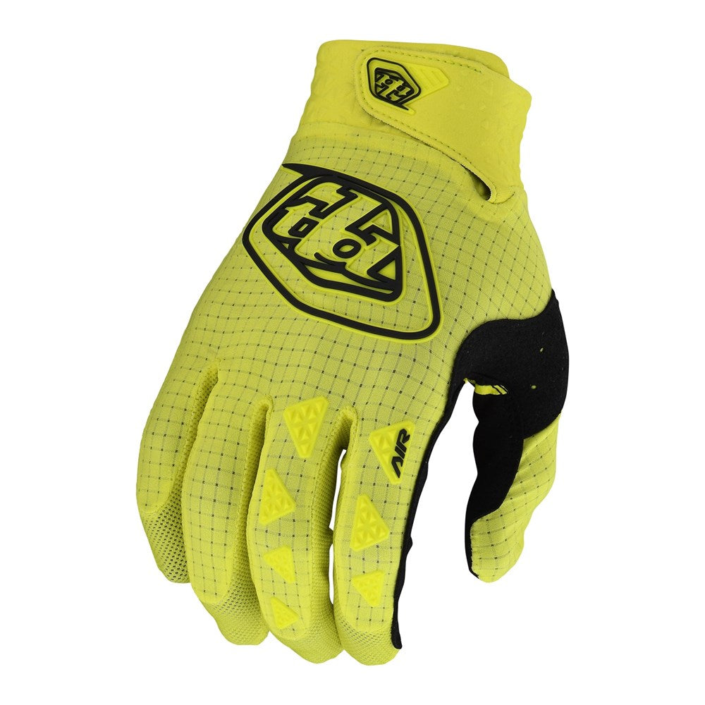 Bright yellow TLD Air Glove Flo Yellow with black detailing and protective padding, featuring a compression-molded cuff.