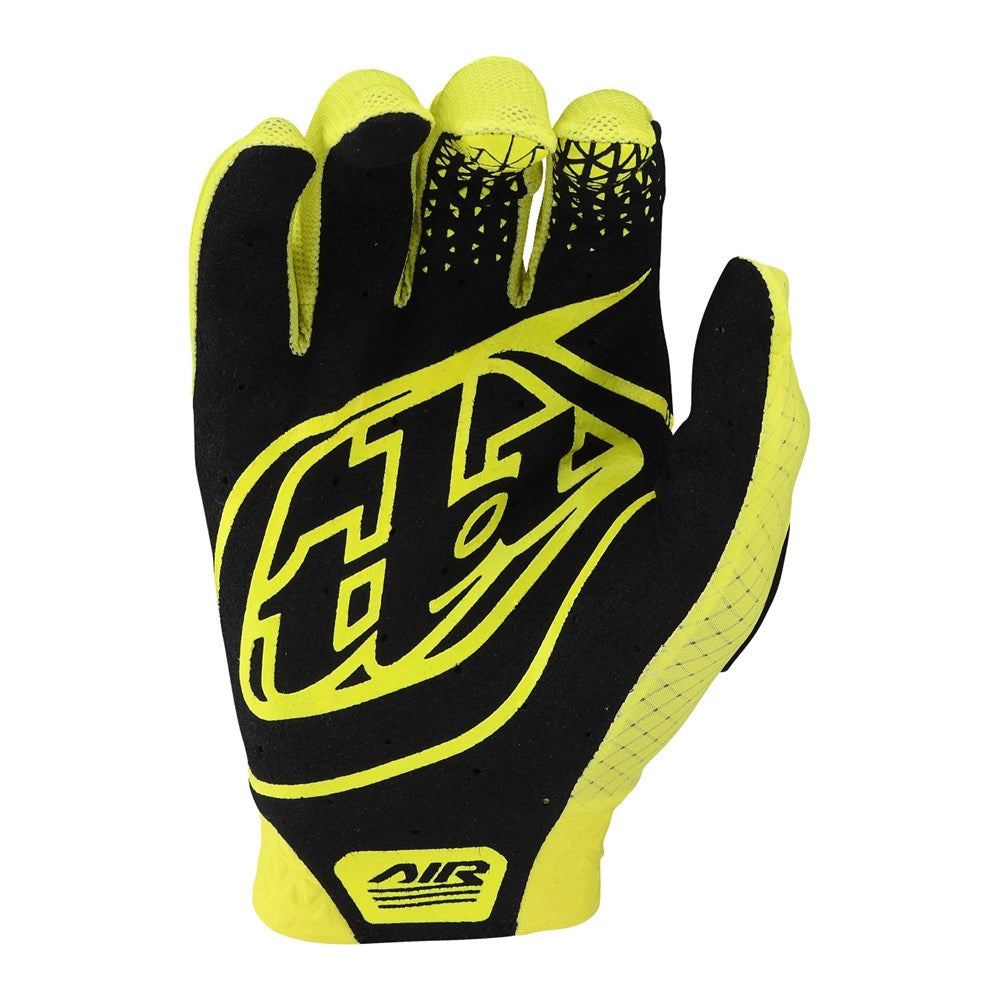 A neon yellow and black TLD Youth Air Glove Flo Yellow with single-layer perforated palm, grip patterning, and a logo on the back.