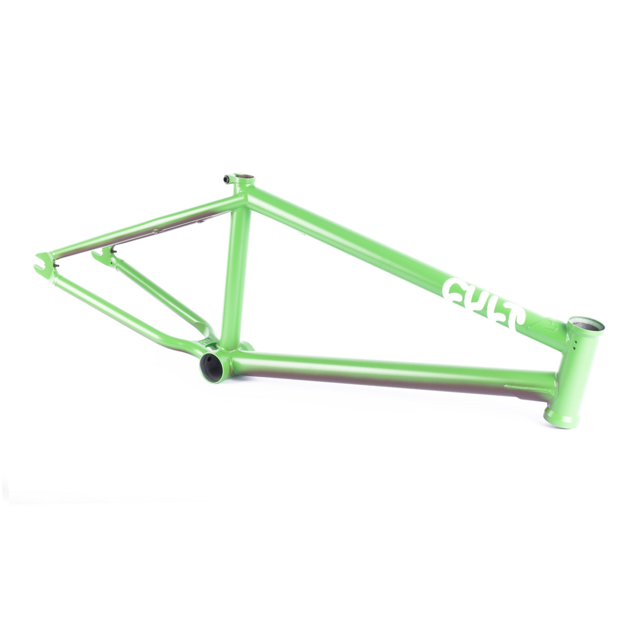The Cult Biggie Frame (Alex Kennedy Signature) BMX frame displays the "CULT" logo on the top tube and features investment cast dropouts for strength and style, shown here photographed on a white background.