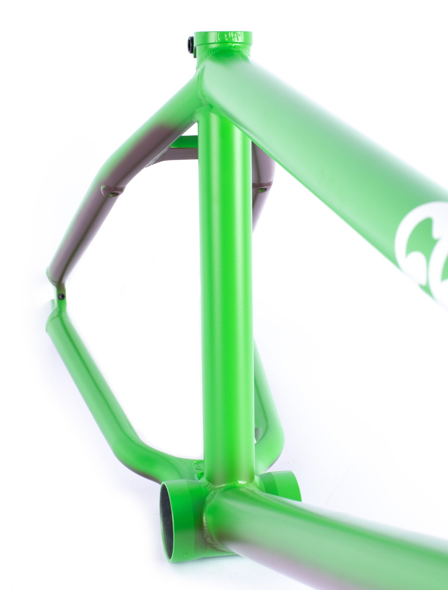 Close-up view of the green Cult Biggie Frame (Alex Kennedy Signature) with clean welds, investment cast dropouts, and no components attached, isolated on a white background.