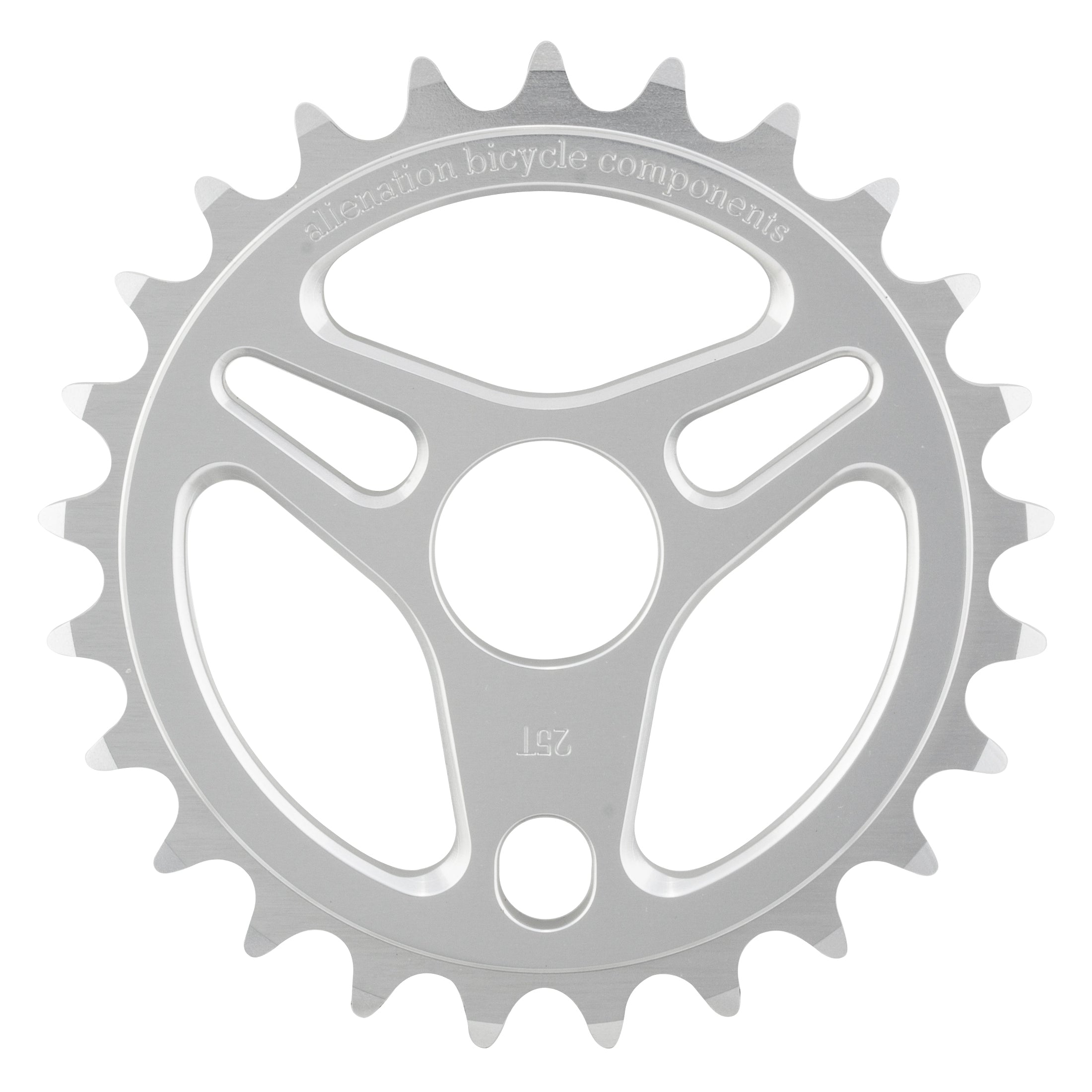 The Alienation Enterprise Sprocket is a silver aluminum chainring with three cutout spokes, CNC machined for precision, and features the engraved text "alienation bicycle components 23T" on a white background.