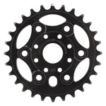 A black, metal Alienation Lynx Sprocket chainring with 28 teeth and five bolt holes is shown from above. "bicycle components" and "28T" are engraved on its surface.