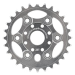 A silver Alienation Lynx Sprocket with 28 teeth, multiple bolt holes, and "Clinton bicycle components 28T" engraved on its surface.
