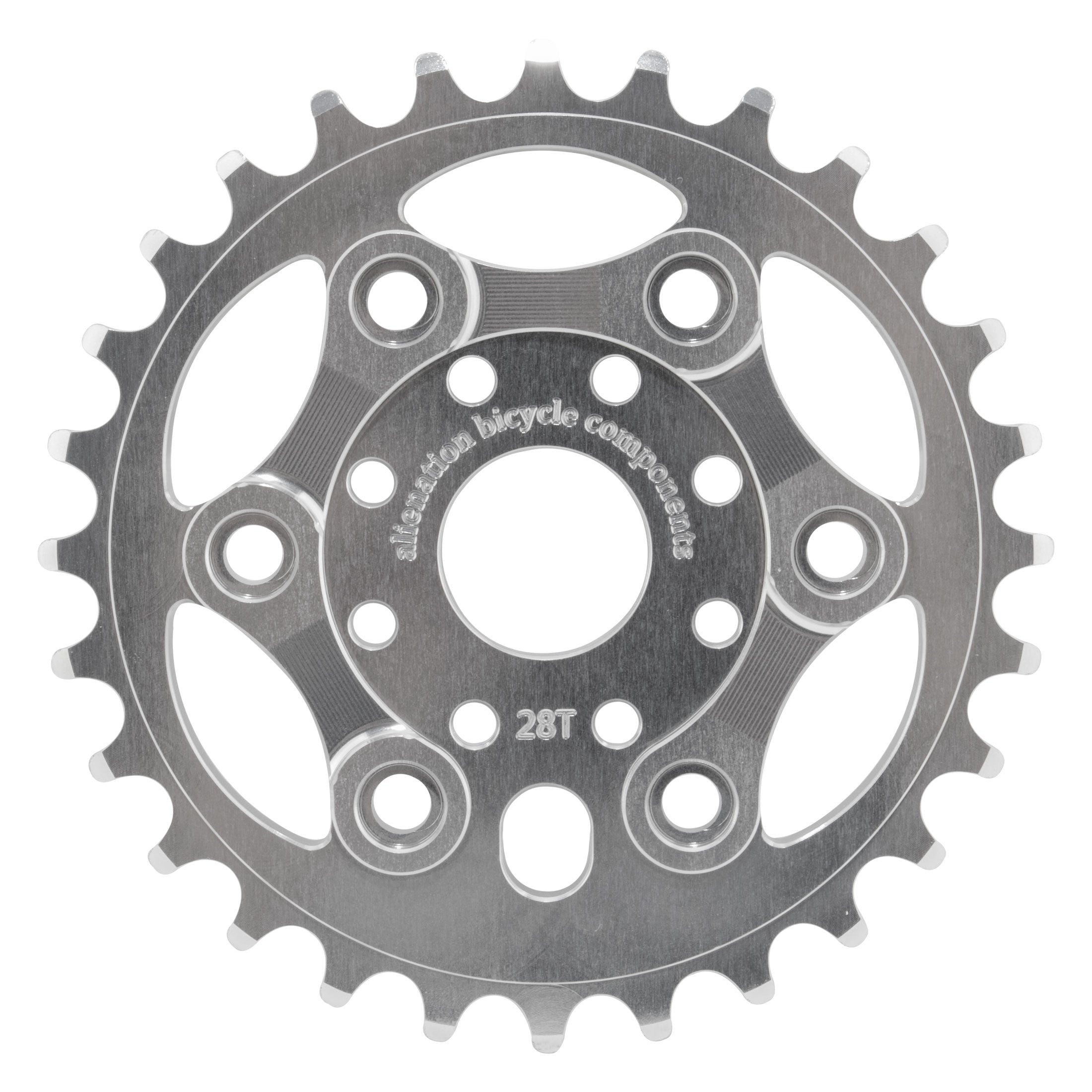 A silver Alienation Lynx Sprocket with 28 teeth, multiple bolt holes, and "Clinton bicycle components 28T" engraved on its surface.
