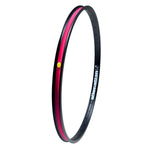 The Alienation Malice G69 TCS OS20 Inch Braked Rim showcases a striking black design with a red inner lining and yellow detailing, prominently featuring the word "Alienation" in white text. It includes advanced TCS Malice technology and incorporates 4D drilling for improved performance and style.