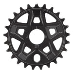 Close-up of the Alienation Pro Raider Sprocket, CNC machined from 7075 aluminum with 25 teeth, a central mounting hole, and geometric cutouts for precise chain alignment.