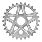 The Alienation Pro Raider Sprocket is a silver 25-tooth bike sprocket with geometric cutouts, CNC machined from 7075 aluminum for strength and precise chain alignment.