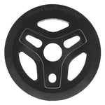 The Alienation Starship Guard Sprocket is a black CNC-machined 7075 aluminum chainring guard with three spokes and engraved text: "alienation bicycle components" and "Design+Art in USA 28T." Ideal for BMX precision and chain alignment.