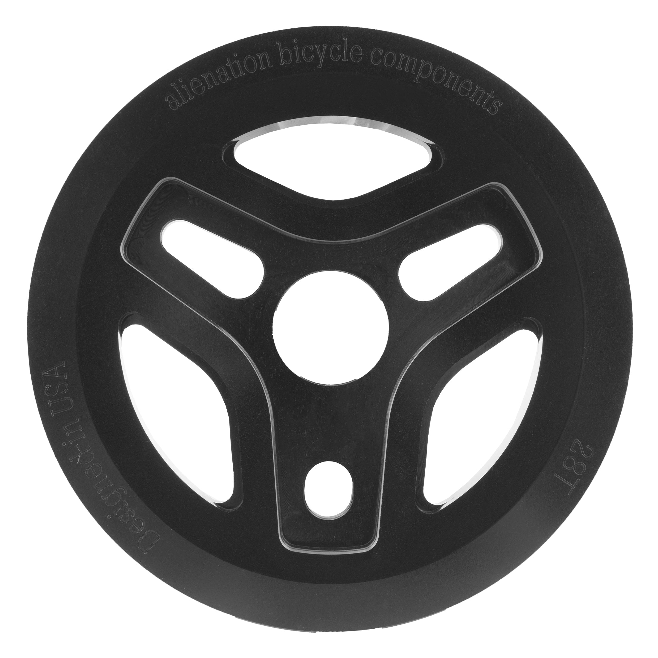 The Alienation Starship Guard Sprocket is a black CNC-machined 7075 aluminum chainring guard with three spokes and engraved text: "alienation bicycle components" and "Design+Art in USA 28T." Ideal for BMX precision and chain alignment.