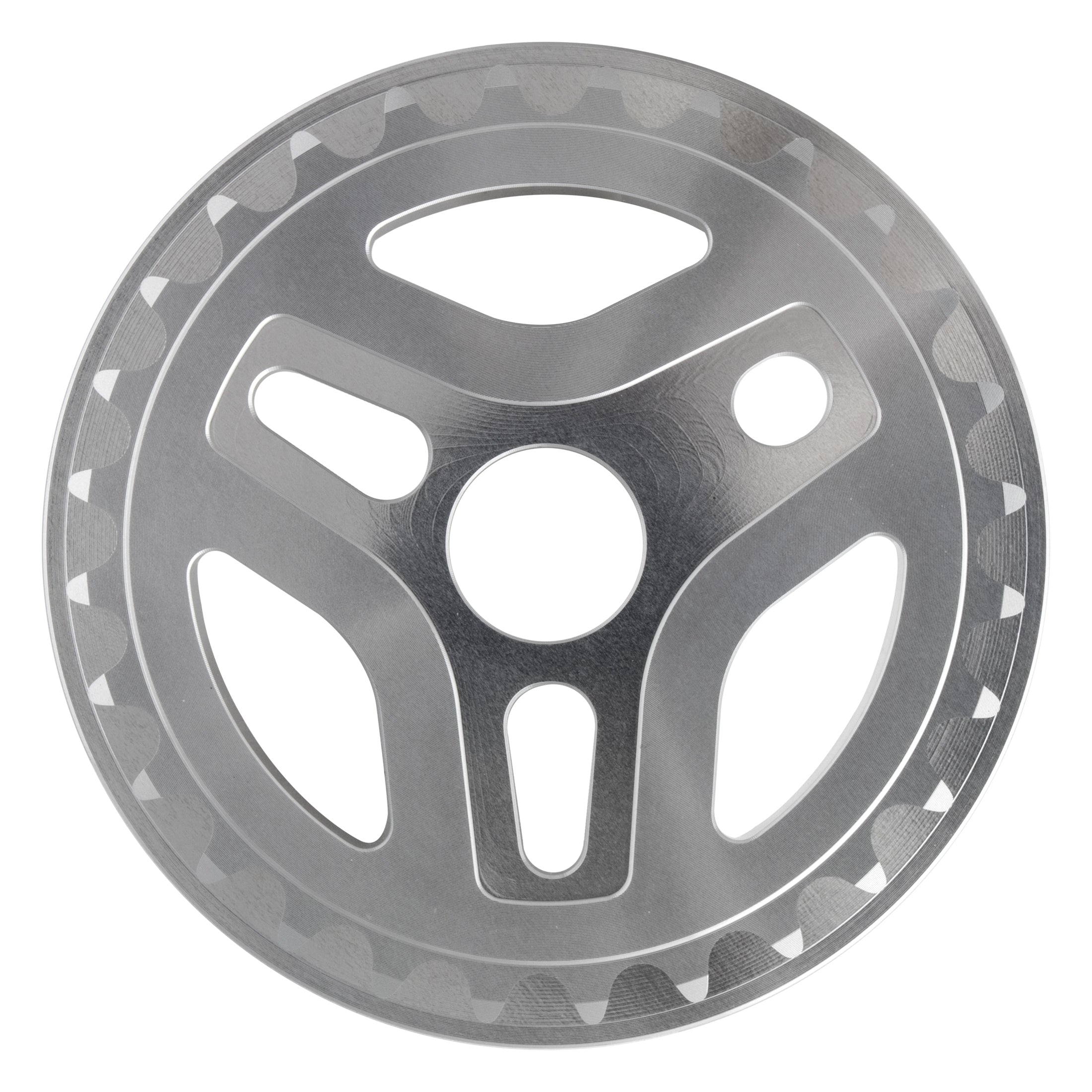 The Alienation Starship Guard Sprocket is a silver, circular CNC-machined 7075 aluminum gear with three spokes and a toothed outer edge for chain alignment, shown from above on a white background.