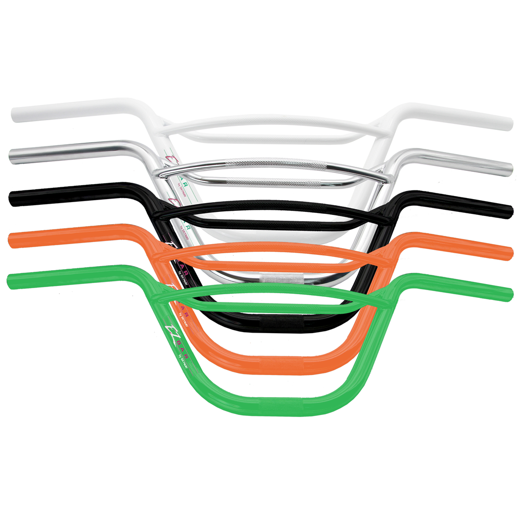 A set of five Skyway EZ Pro 88 Handlebars with orange, green, and black handles.