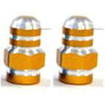 Two identical Alloy Nut Valve Caps with hexagonal bases and rounded tops, featuring silver and gold sections, resemble exquisite metallic objects.