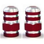 A pair of red and silver cylindrical Alloy Nut Valve Caps with grooved surfaces, placed side by side.