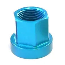 The Aluminium Axle Nut (Each) is a blue metal hexagonal nut with threaded interior, made from 7075-T6 aluminium, perfect for axle nuts replacement.