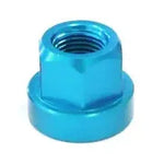 The Aluminium Axle Nut (Each) is a blue, flanged hex nut made from durable 7075-T6 aluminium, ideal for use as replacement axle nuts.