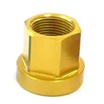 A premium gold hexagonal nut crafted from durable 7075-T6 aluminium with a flat base, ideal as a replacement for axle nuts. Product: Aluminium Axle Nut (Each).