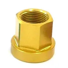 A premium gold hexagonal nut crafted from durable 7075-T6 aluminium with a flat base, ideal as a replacement for axle nuts. Product: Aluminium Axle Nut (Each).
