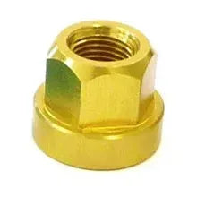 A close-up of an Aluminium Axle Nut, featuring a hexagonal design and circular base, crafted from durable 7075-T6 aluminum.