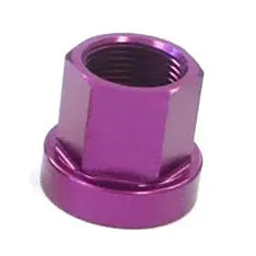 A purple hexagonal Aluminium Axle Nut, made from durable 7075-T6 aluminium and ideal for axle nut replacement, is displayed elegantly on a white background.