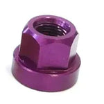 The Aluminium Axle Nut (Each), made of 7075-T6 aluminum, is an anodized purple lug nut with a hexagonal shape and flanged base, set against a plain white background.