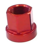 The Red Aluminium Axle Nut is hexagonal, made from 7075-T6 aluminum, and has a flat base with a threaded interior, ideal for replacing axle nuts.