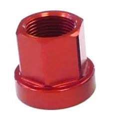The Red Aluminium Axle Nut is hexagonal, made from 7075-T6 aluminum, and has a flat base with a threaded interior, ideal for replacing axle nuts.