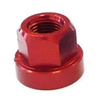 The Aluminium Axle Nut (Each) is a red hex nut with a flange base, made from durable 7075-T6 aluminum. It's perfect for replacing axle assemblies and is displayed against a plain white background for clear visibility.