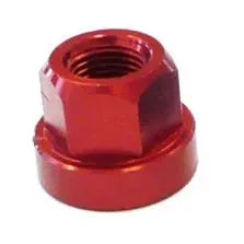 The Aluminium Axle Nut (Each) is a red hex nut with a flange base, made from durable 7075-T6 aluminum. It's perfect for replacing axle assemblies and is displayed against a plain white background for clear visibility.