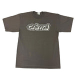 The Animal Bubble Tee is a dark gray T-shirt with the word "animal" printed in a white bubble font across the chest, designed by an illustrator from Atlanta. This exclusive piece is part of a limited collection that artfully combines hip-hop influences with modern fashion.