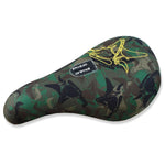 The Animal Luv Pivotal Seat is a cushioned bicycle seat with a green camouflage pattern featuring bird silhouettes, reinforced by a Kevlar cover, and adorned with an Animal Griffin Head logo tag.