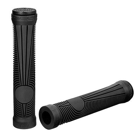 Two black Animal Nigel Signature Grips feature textured geometric and spiral patterns—one upright, one horizontal—and are paired with Sewer Cap Bar Ends for a distinctive look.