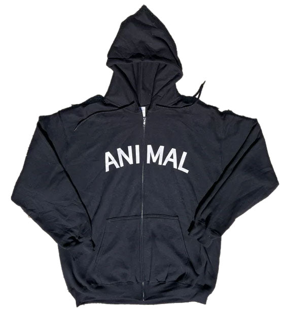 Black Animal Zip Hood with the word "animal" screen printed in white on the front, displayed on a plain white background.
