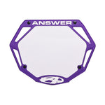 The Answer Mini Number Plate is a purple plastic BMX plate with angular cutouts, white "ANSWER" text at the top, and a stylized "A" logo at the bottom—ideal for smaller bars.