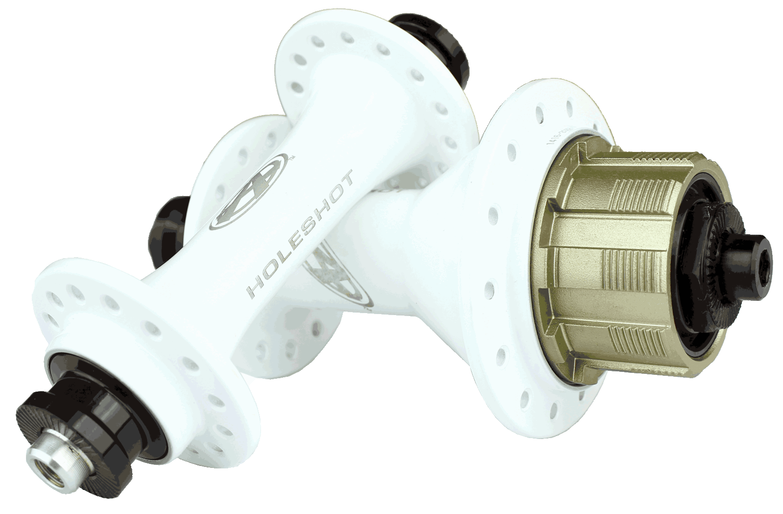 The Answer Holeshot Mini Hub Set 28H, featuring two white bicycle hubs with multiple holes and black and gold components, highlights precision sealed bearings crafted for superior performance, catering to users who prioritize efficiency in cassette hubs.