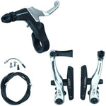 Bicycle brake components including a lever, calipers, Answer Mini V-Brake Kit pads, and cables, arranged on a white background.