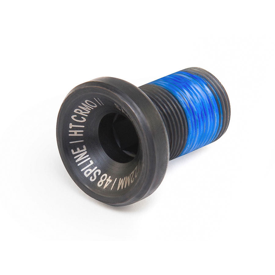 A black and blue threaded Wethepeople Apex Crank Bolt on a white background, suitable for Royal V3 or flush bolts.