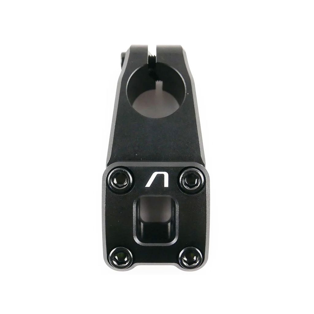 Close-up of the Arise Neon Pro Top Load Stem (22.2mm Clamp) in black, crafted from durable 6061-T6 alloy with a CNC machined structure, featuring four bolts and a sleek front logo for enhanced precision.