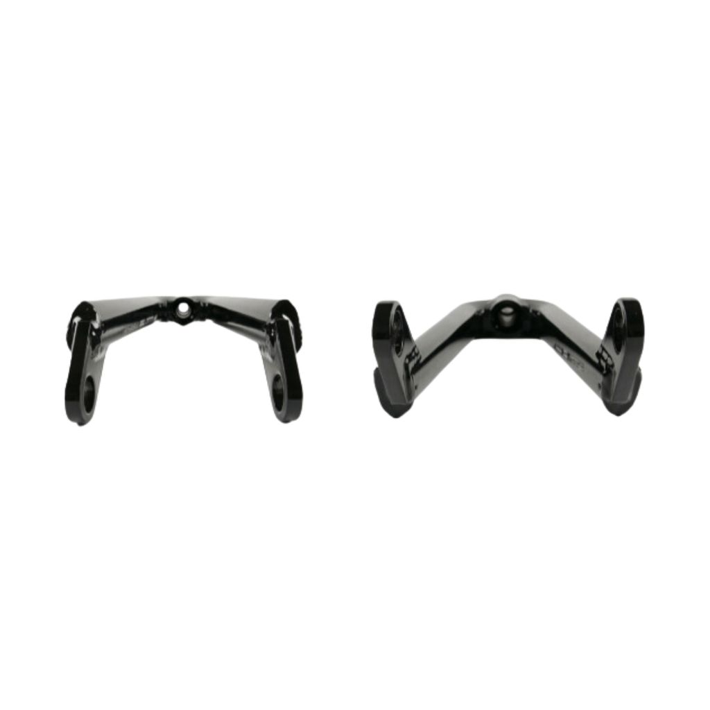 Against a white background, two black metal brackets, known as Arise Quartz Expert Forks, are displayed. These CNC machined pieces are made from lightweight 6061-T6 alloy and feature holes and contoured shapes.