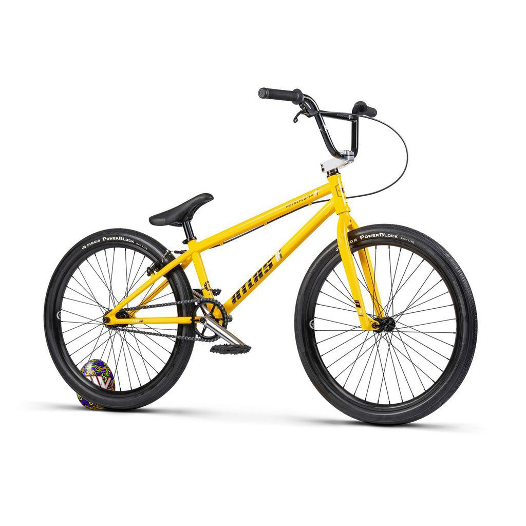 A yellow Wethepeople Atlas 24 Inch BMX bike against a white background.