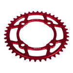 The Avian 4 Bolt Chainring is anodised red, features multiple teeth, and has four bolt holes. It's crafted from CNC machined aluminium and adorned with laser-etched Avian logos.