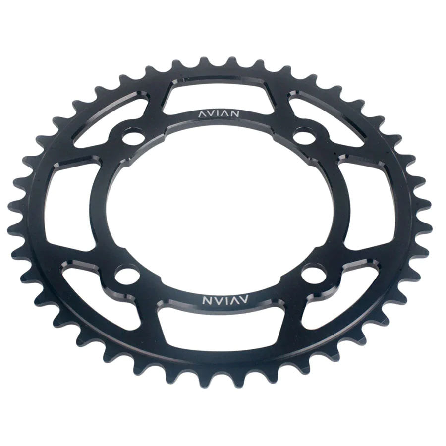 A black sprocket with Avian 4 Bolt Chainring logos on a white background.