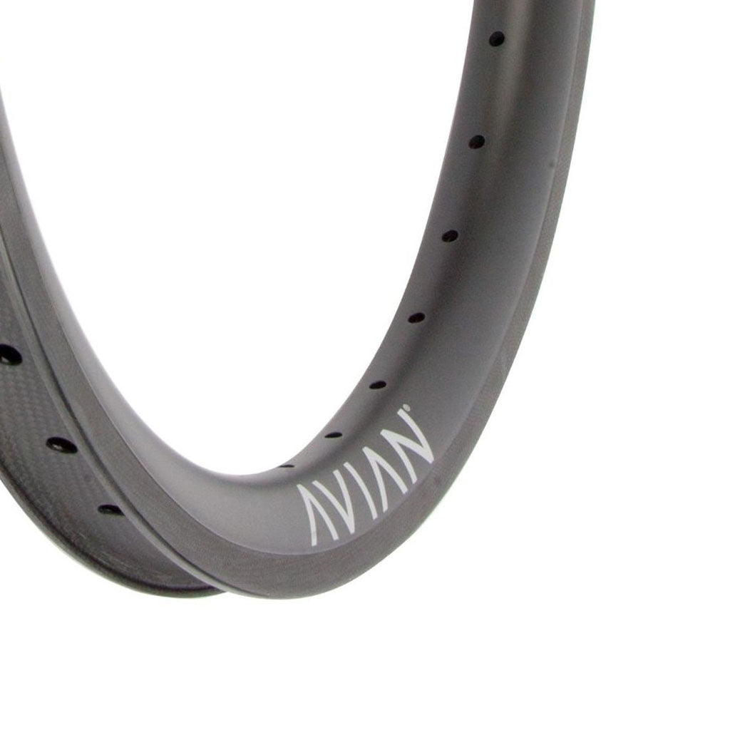 Close-up of an Avian Venatic Carbon Brakeless Rim 20x1.75 in black, showcasing the brand name "Avian" printed on it. Crafted from high-strength carbon fiber, the rim features multiple holes along its edge to reduce weight and optimize performance.